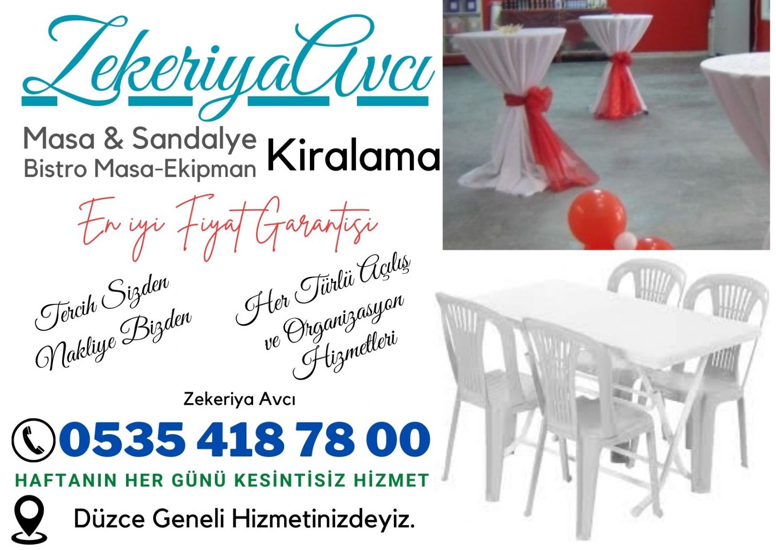 Düzce masa sandalye kiralama